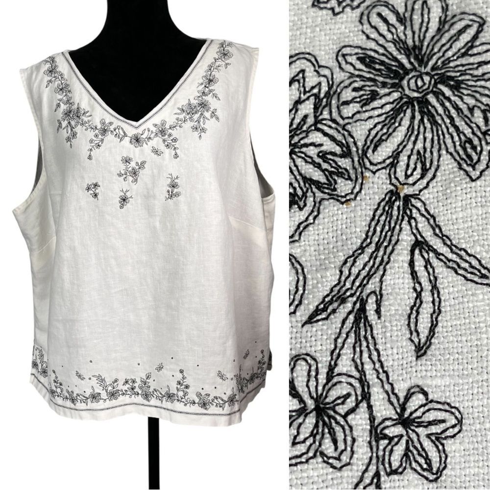 Maggie McNaughton White Linen Top Sleeveless Black Floral Embroidery V-Neck 3X